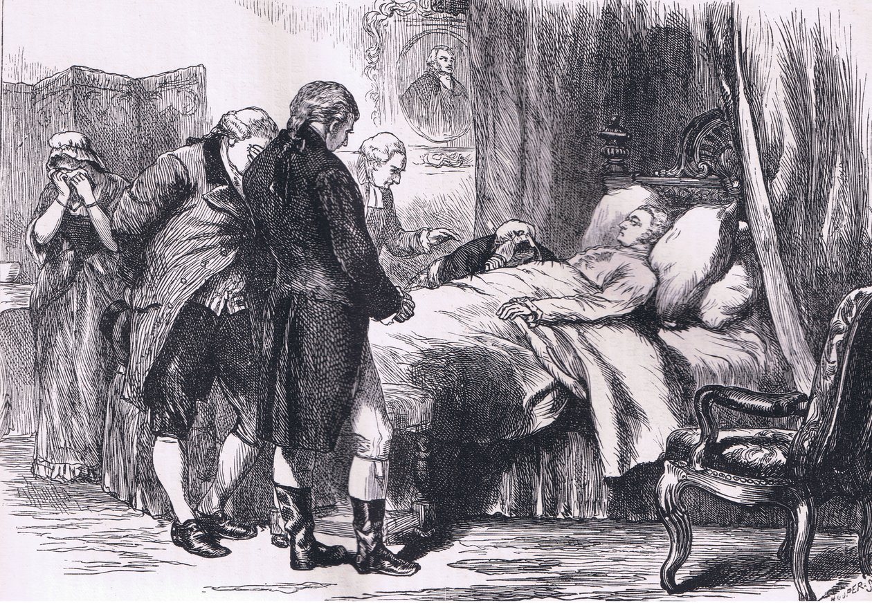 死の床に就くワシントン（1900年頃、Cassell, Petter & Galpin社の『Cassells History of the United States』に掲載されたイラスト 作： アメリカ英語学校
