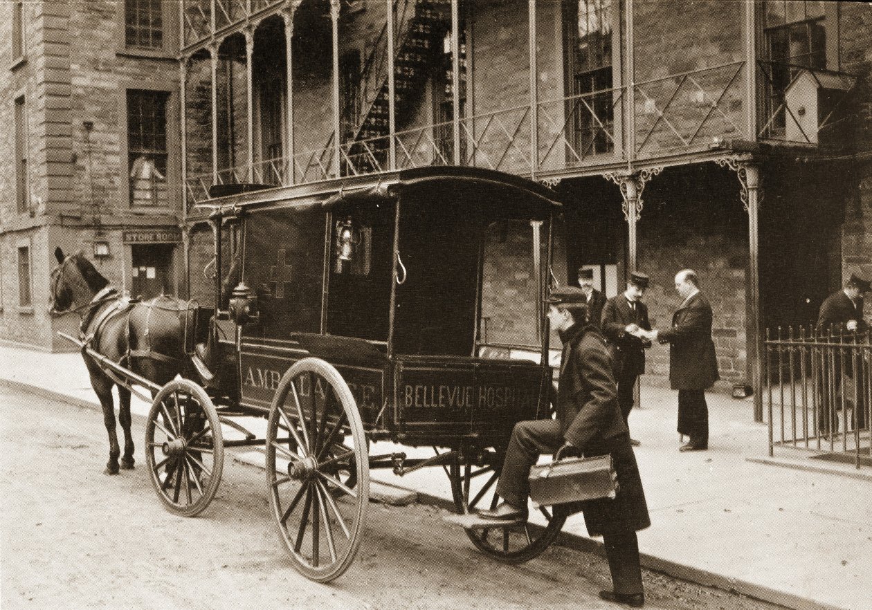 1896年、ニューヨーク市のベルビュー病院の救急車 作： アメリカの写真家