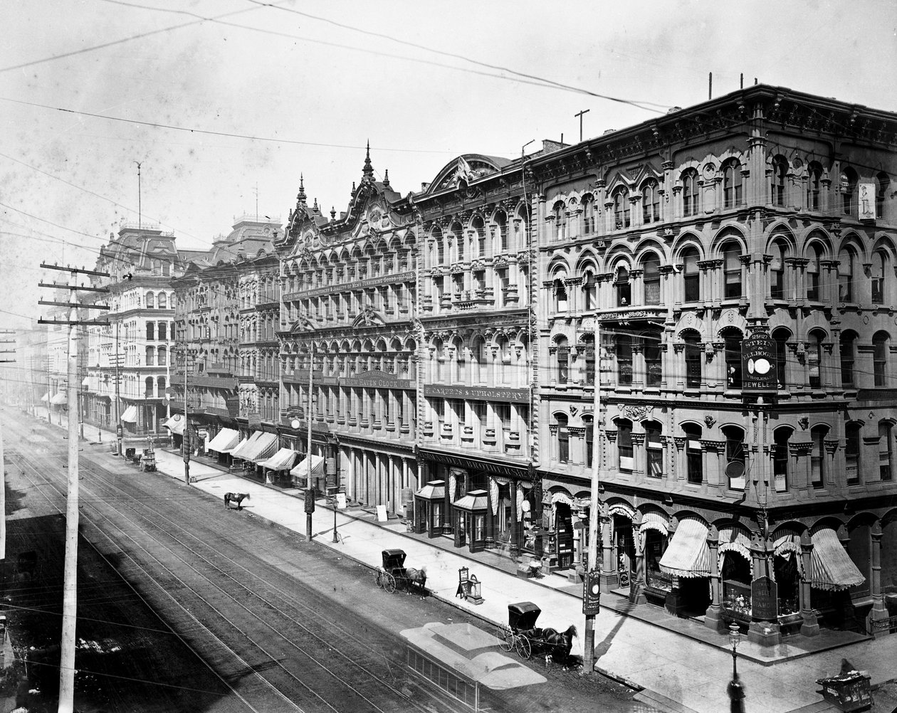 1878年頃、シカゴのマディソンストリートから北を望むステートストリートの東側 作： アメリカの写真家