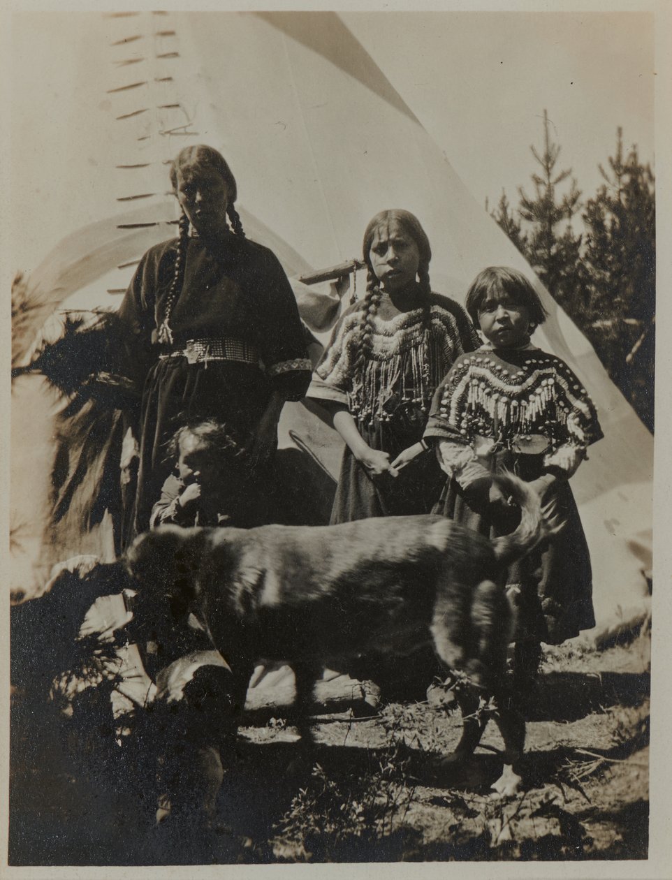 犬を連れた女性、2人の少女と子供、1900年頃。ゼラチンシルバーフォト 作： アメリカの写真家