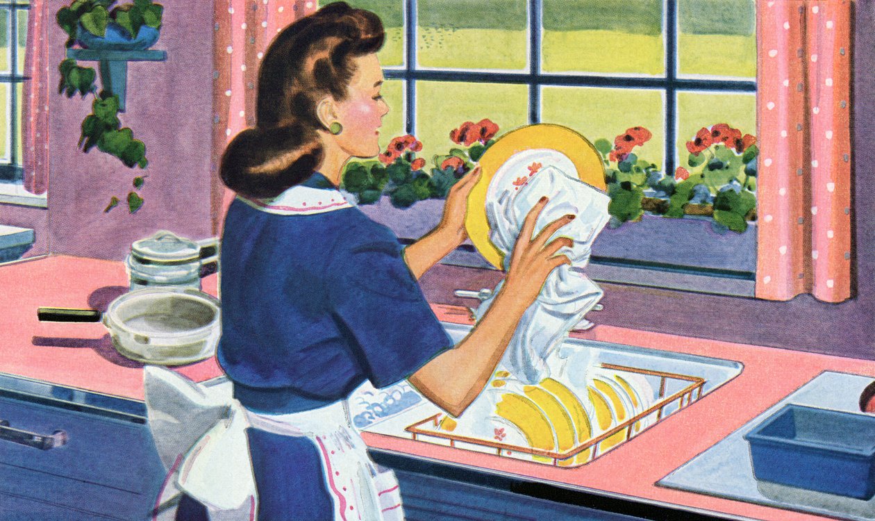 1940年代の主婦、夢のキッチンで食器を洗う 作： アメリカの学校