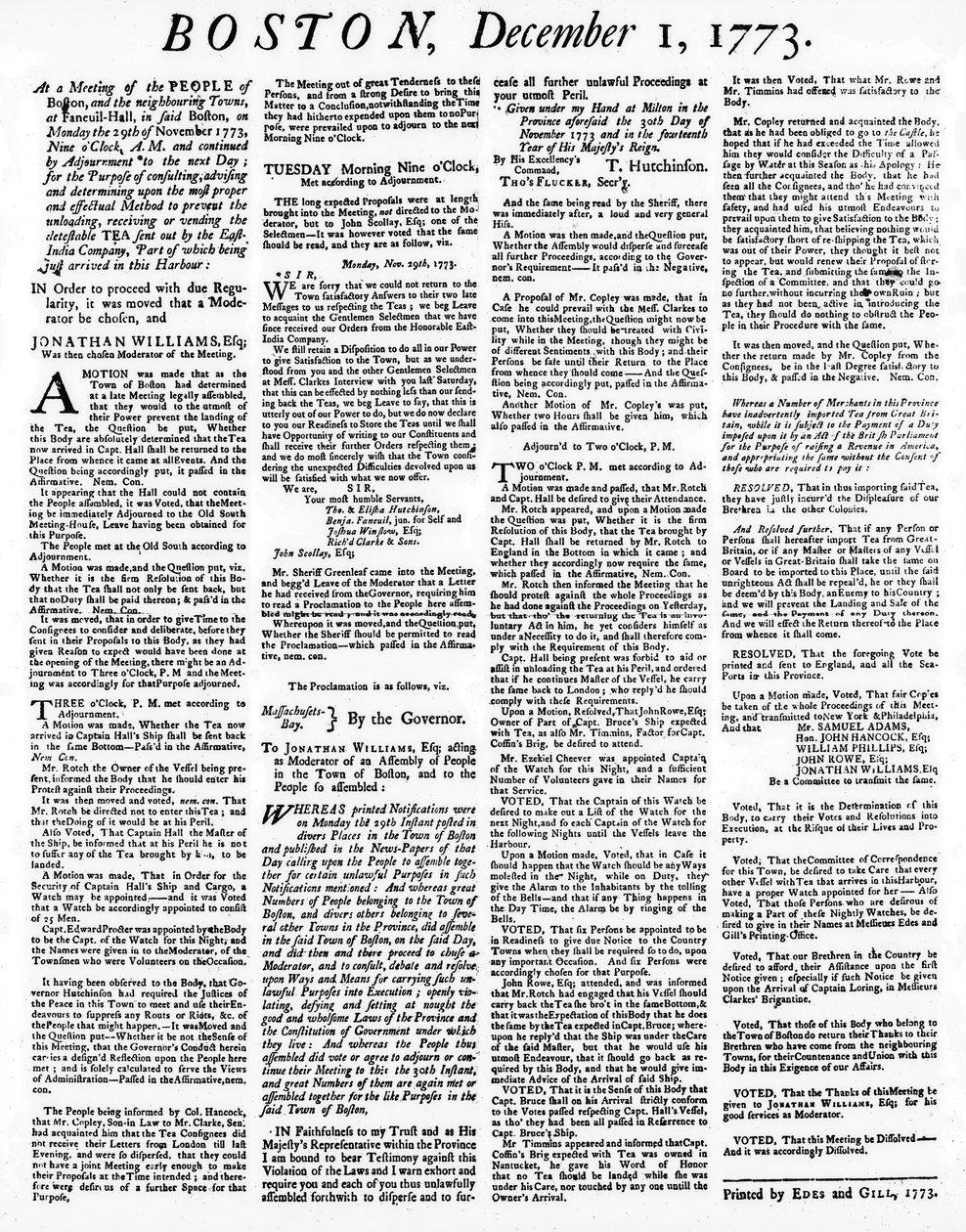 1773年12月、ボストン茶会事件の詳細を記したブロードサイド新聞（印刷） 作： アメリカの学校