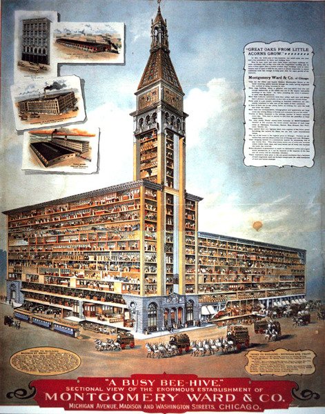 忙しい蜂の巣」。モンゴメリー・ウォード社の巨大な施設の断面図 作： アメリカの学校