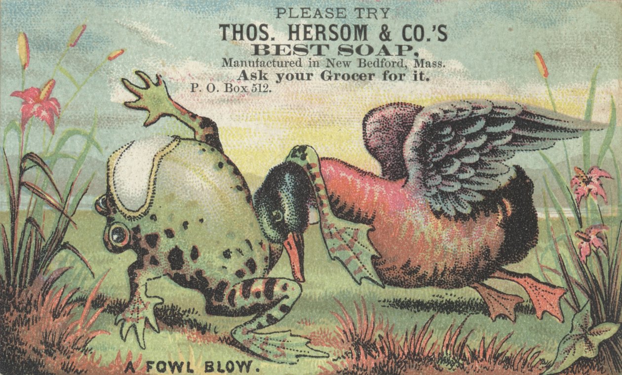 鳥の一撃、トスの広告。 Hersom＆Cos Best Soap、1880年頃 作： アメリカの学校
