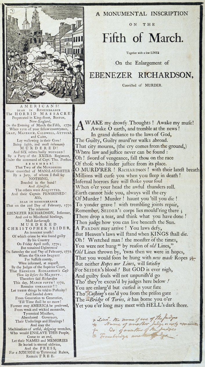 1772年3月5日の碑文（印刷） 作： アメリカの学校