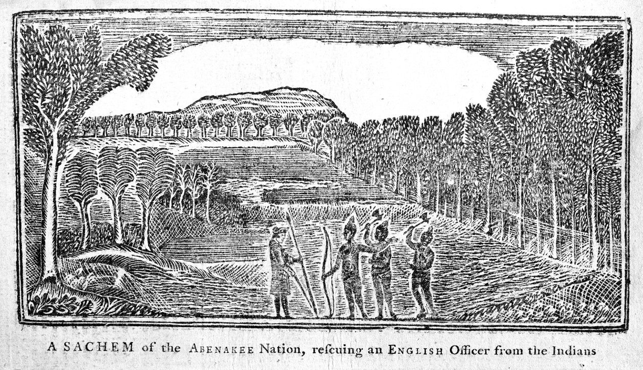 イギリスの将校を救出したアベナキー族のSachem、Bickerstaffs Boston Almanackのイラスト、1768年発行 作： アメリカの学校