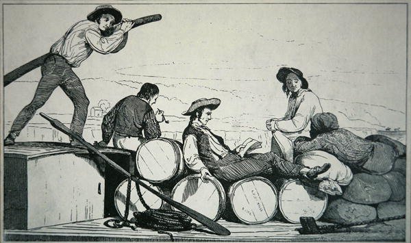 ミシシッピ川で貨物を運ぶフラットボート、1840年頃（彫刻） 作： アメリカの学校