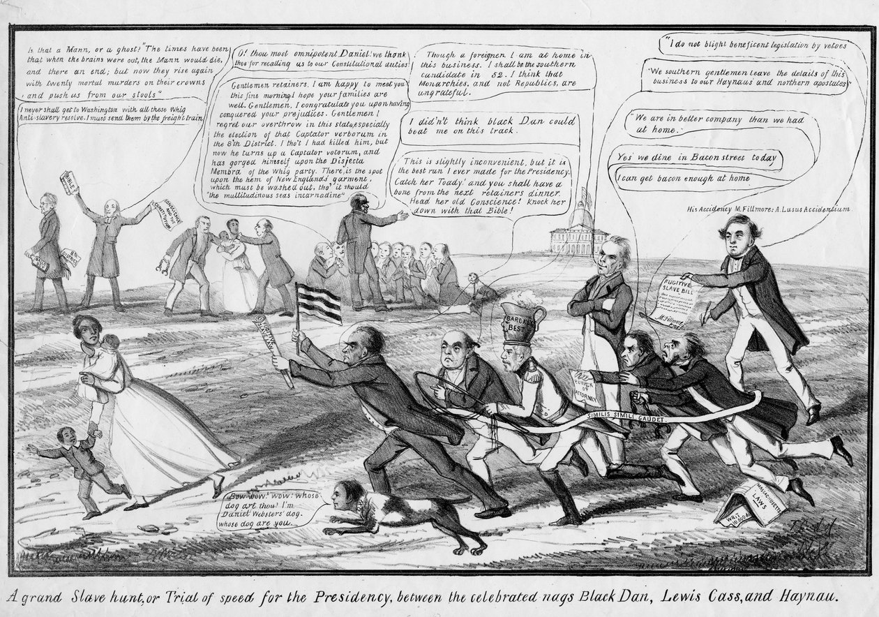 TC、ニューヨーク、1852年頃に出版された、有名なナグのブラックダン、ルイスカス、ハイナウの間の壮大な奴隷狩り、または大統領職のためのスピードの試練 作： アメリカの学校