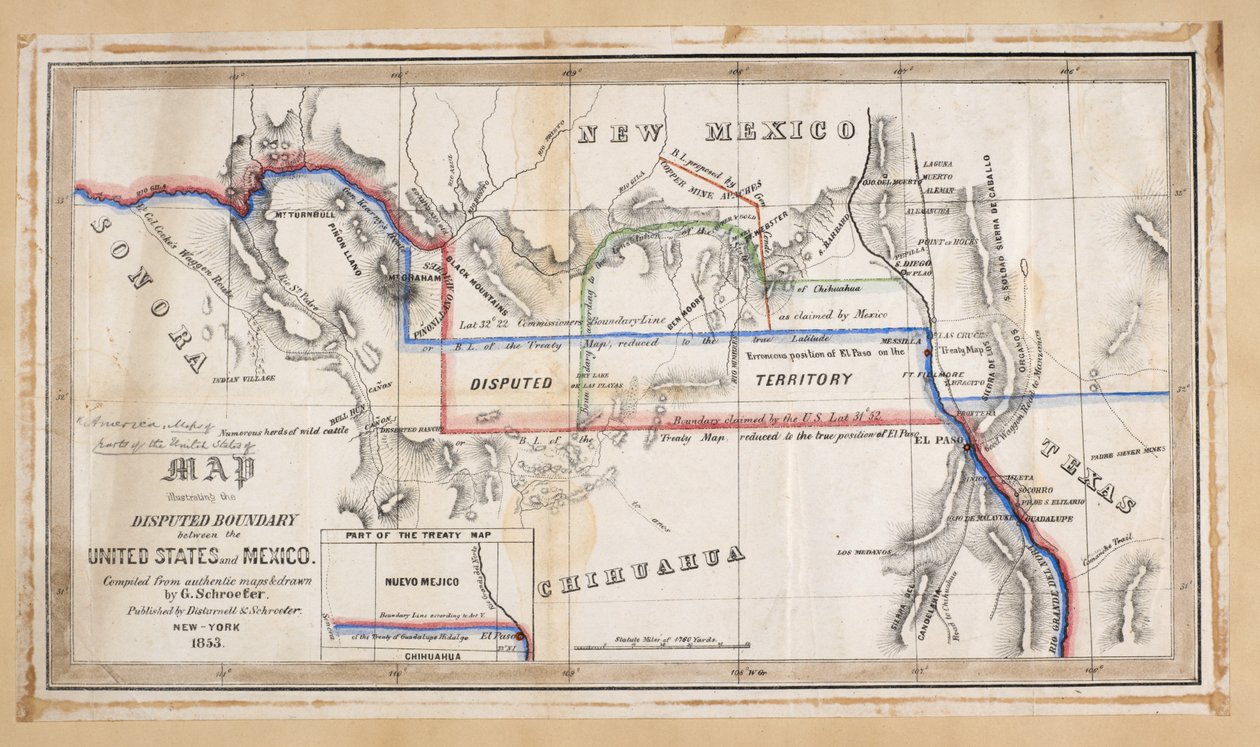米国とメキシコの間で係争中の国境を示す地図 作： アメリカの学校