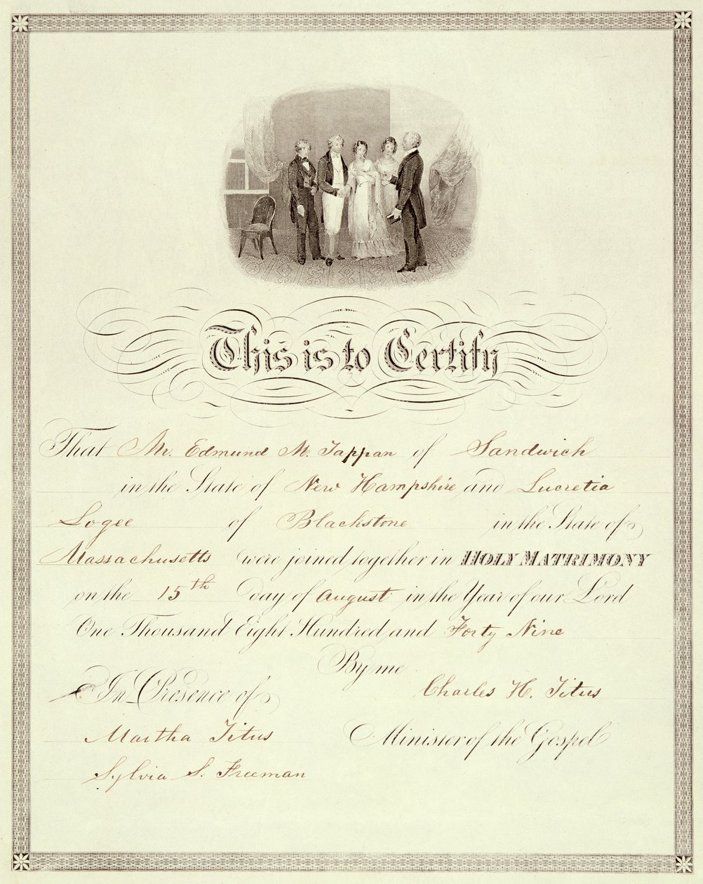 1849年の結婚証明書 作： アメリカの学校