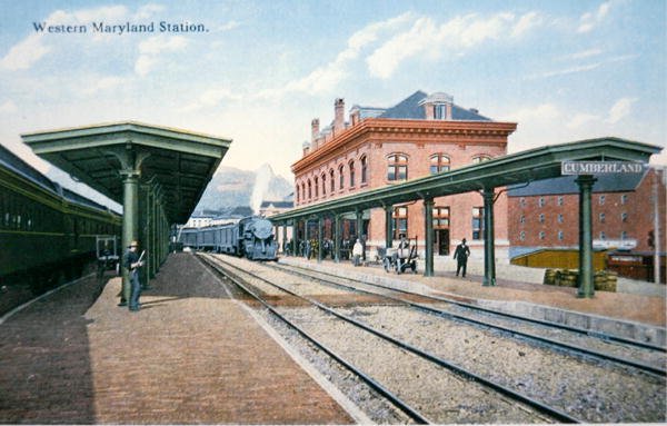 メリーランド州カンバーランドにあるWestern Maryland Stationのポストカード（カラーリトグラフ）。 作： アメリカの学校
