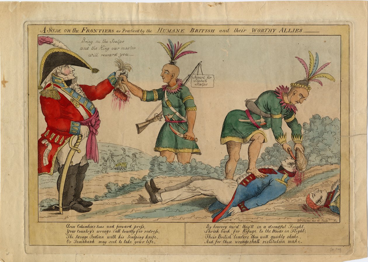 人道的イギリス人とその立派な同盟国によって実践された辺境のシーン、c.1813（手描きのエッチング） 作： アメリカの学校