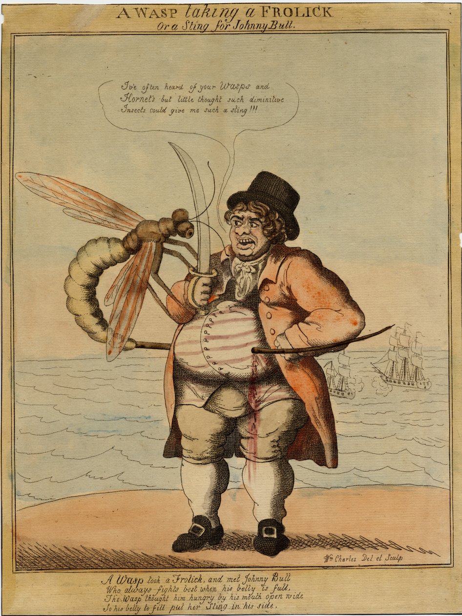1813年の戯画を手にしたハチ（手描きのエッチング） 作： アメリカの学校