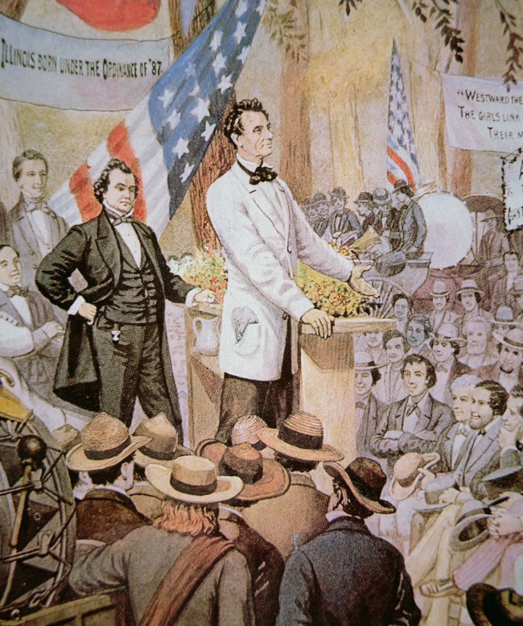 イリノイ州でスティーブン・A・ダグラス（1813-61）と公開討論するエイブラハム・リンカーン（1809-65）。 作： アメリカの学校