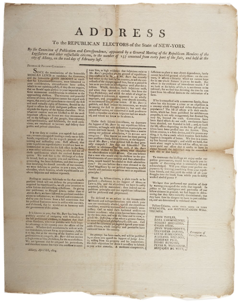 1804年4月6日、ニューヨーク州の共和党選挙民への演説 作： アメリカの学校