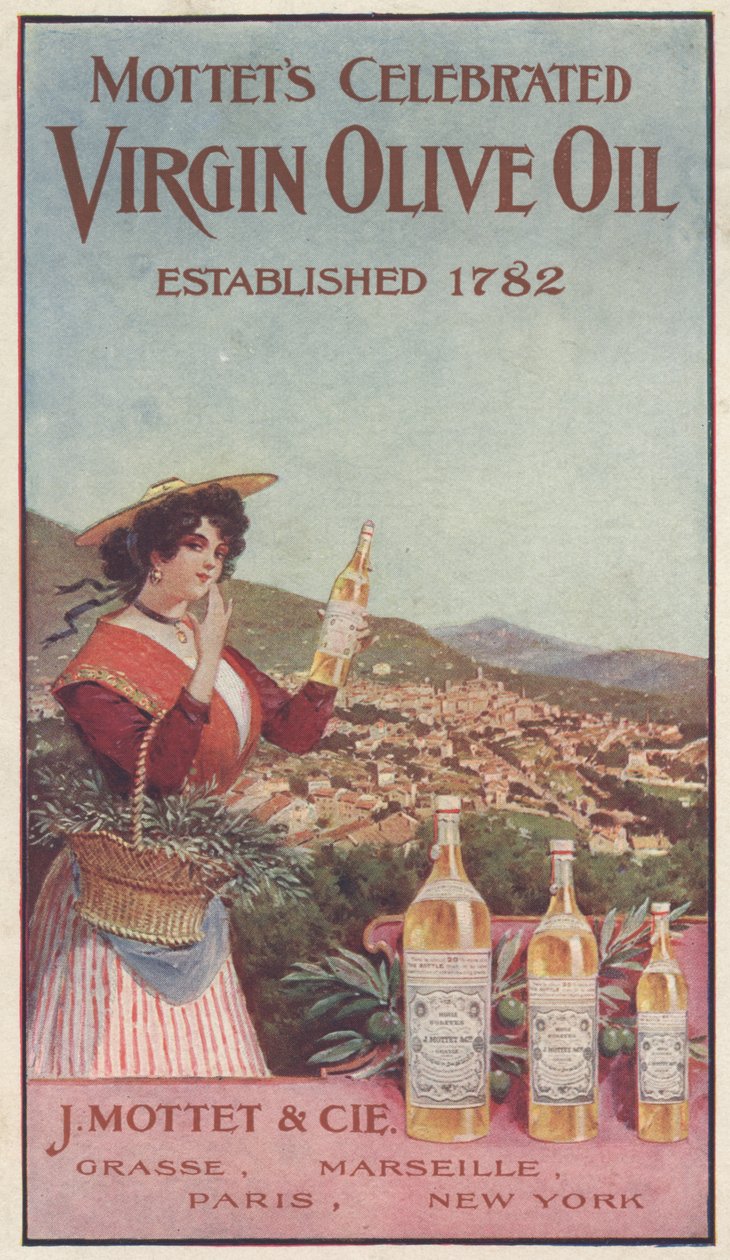 Mottets Celebrated Virgin Olive Oilの広告、1900年頃 作： アメリカの学校
