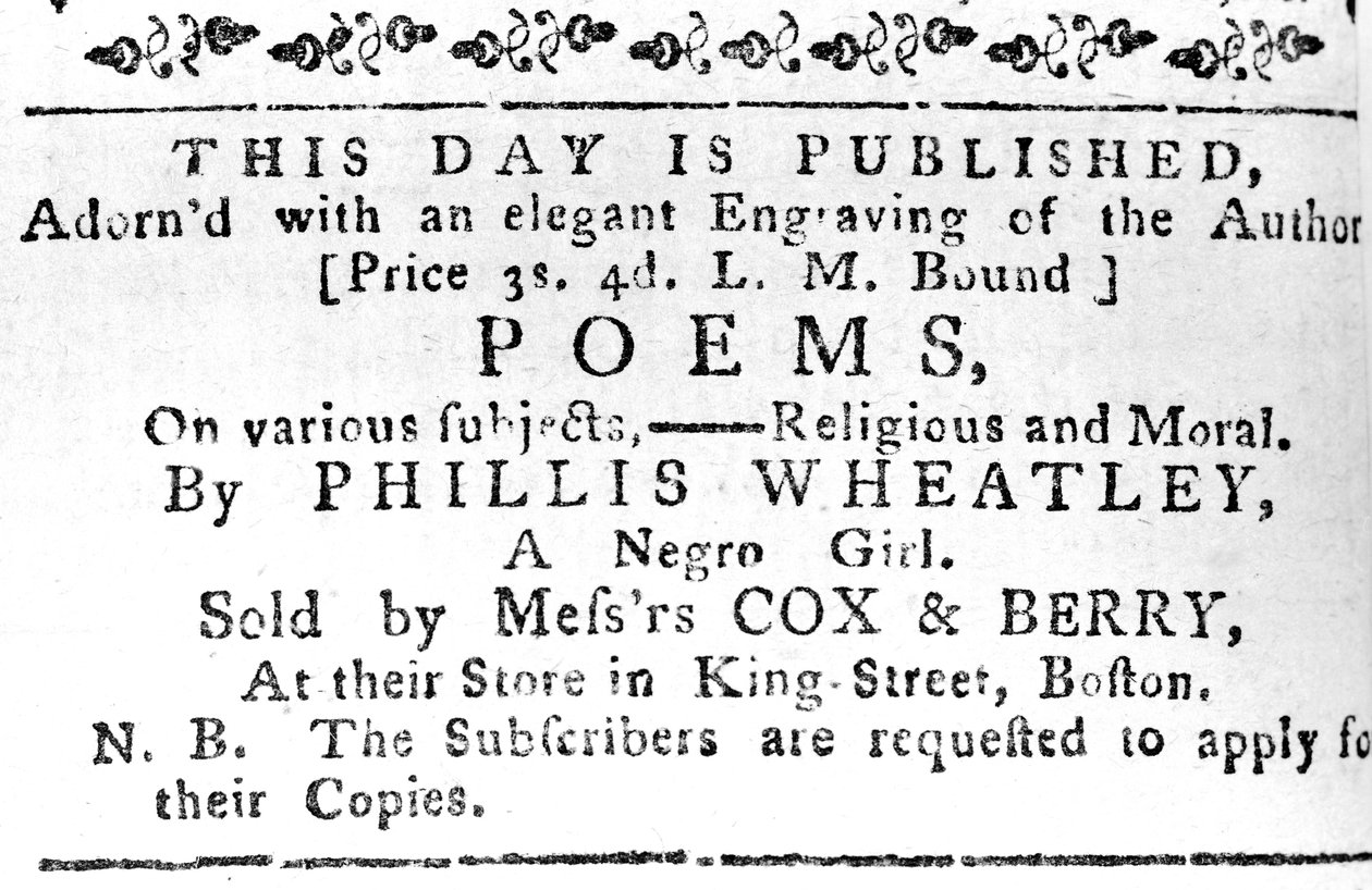 Phillis Wheatleysの最初の本の広告、ボストン官報、1774年2月7日（新聞） 作： アメリカの学校