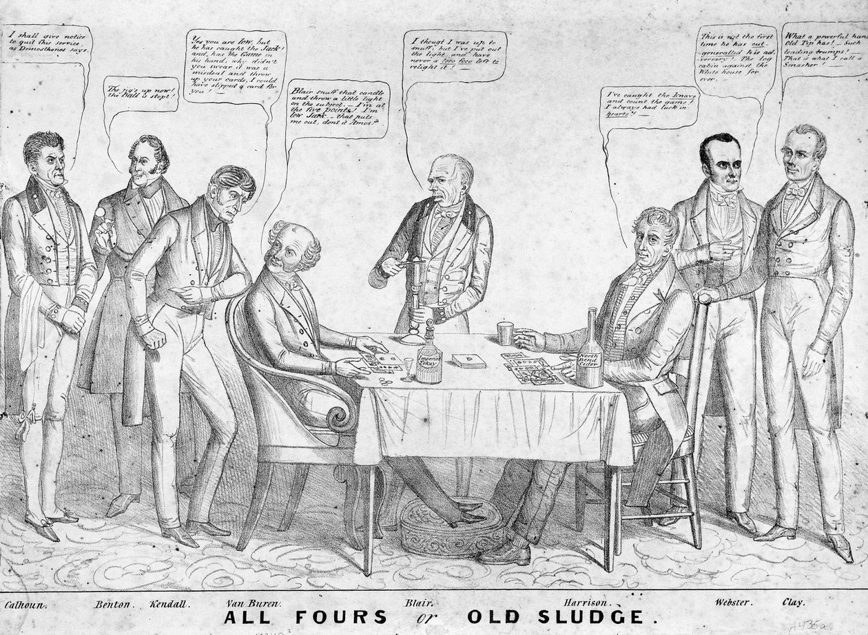 オールフォーオールドオールドスラッジ、マーティンヴァンビューレン大統領（1782-1862）が他の政治家や政治家の中でウィリアムヘンリーハリソン（1773-1841）に対してトランプを描いた政治漫画、1836年（リソ 作： アメリカの学校