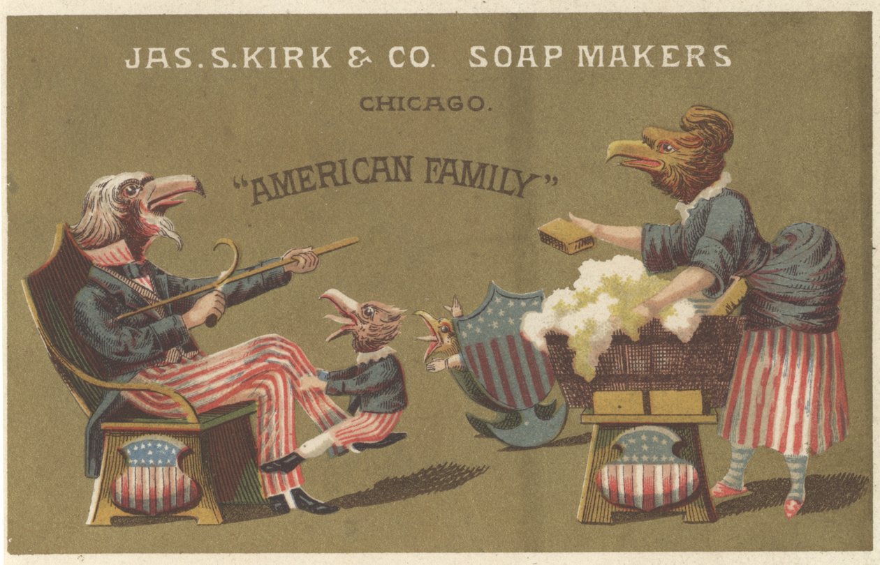 アメリカンファミリー、ジェームズカーク＆Co. Soap Makersの広告、1880年頃 作： アメリカの学校