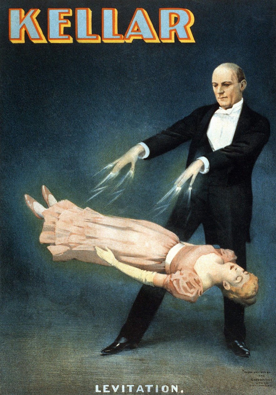 マジシャン、ハリー・ケラー（1849〜1922）のショーのアメリカ版ポスター。"Levitation" 作： アメリカの学校