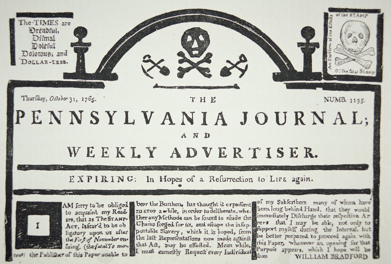 1765年10月31日にThe Pennsylvania Journal and Weekly Advertiserに掲載された、イギリスが課したスタンプ法に対するアメリカ側の回答（新聞紙）。 作： アメリカの学校