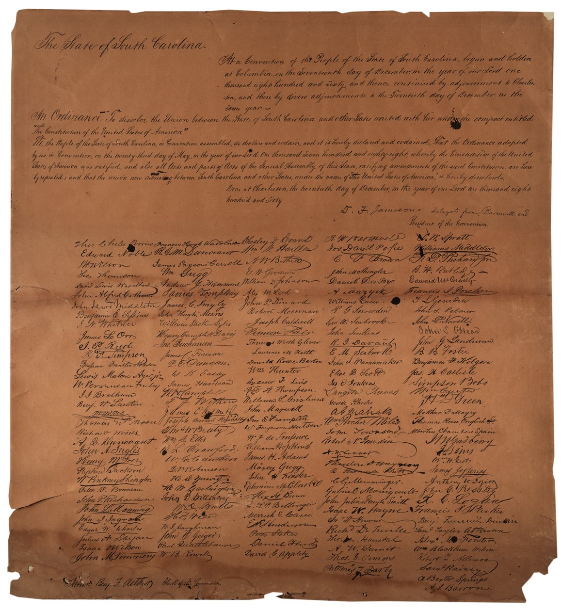 1860年12月20日、サウスカロライナ州間の連合を解散する条例、1861年 作： アメリカの学校