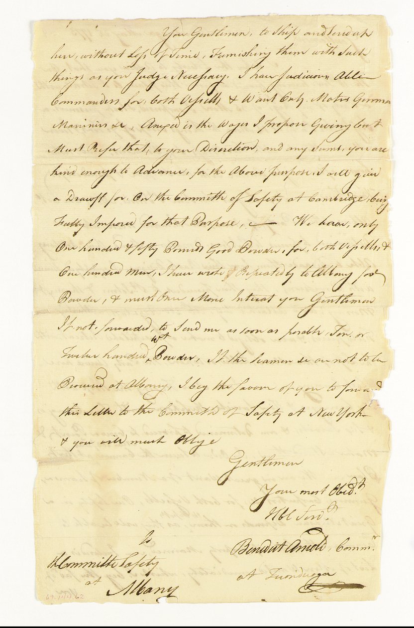 アーノルド・ベネディクト (1741-1801) 大陸軍大将、裏切り者。1775年5月22日、タイコンデロガ、オルバニー安全委員会宛、署名入り自筆書簡（紙にペン・インク、「Benedict Arnold Commr. 作： アメリカの学校