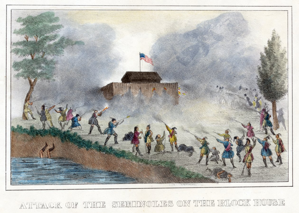 ブロック・ハウスへのセミノール族の攻撃、パブ。1836年（手彩色彫刻 作： アメリカの学校