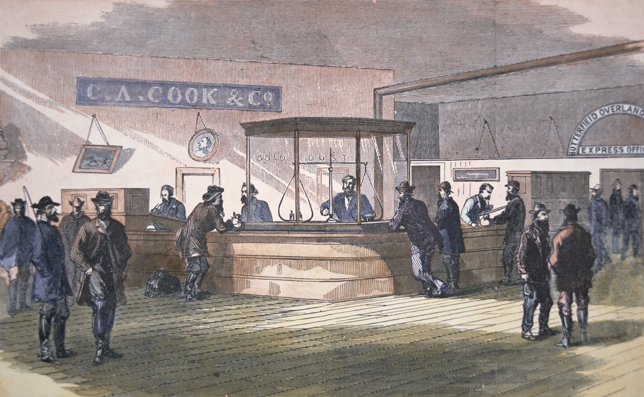 サンフランシスコの銀行、1860年頃（彩色画 作： アメリカの学校