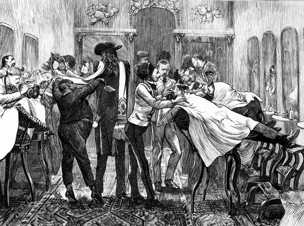 ニューヨークの理髪サロン、1870 作： アメリカの学校