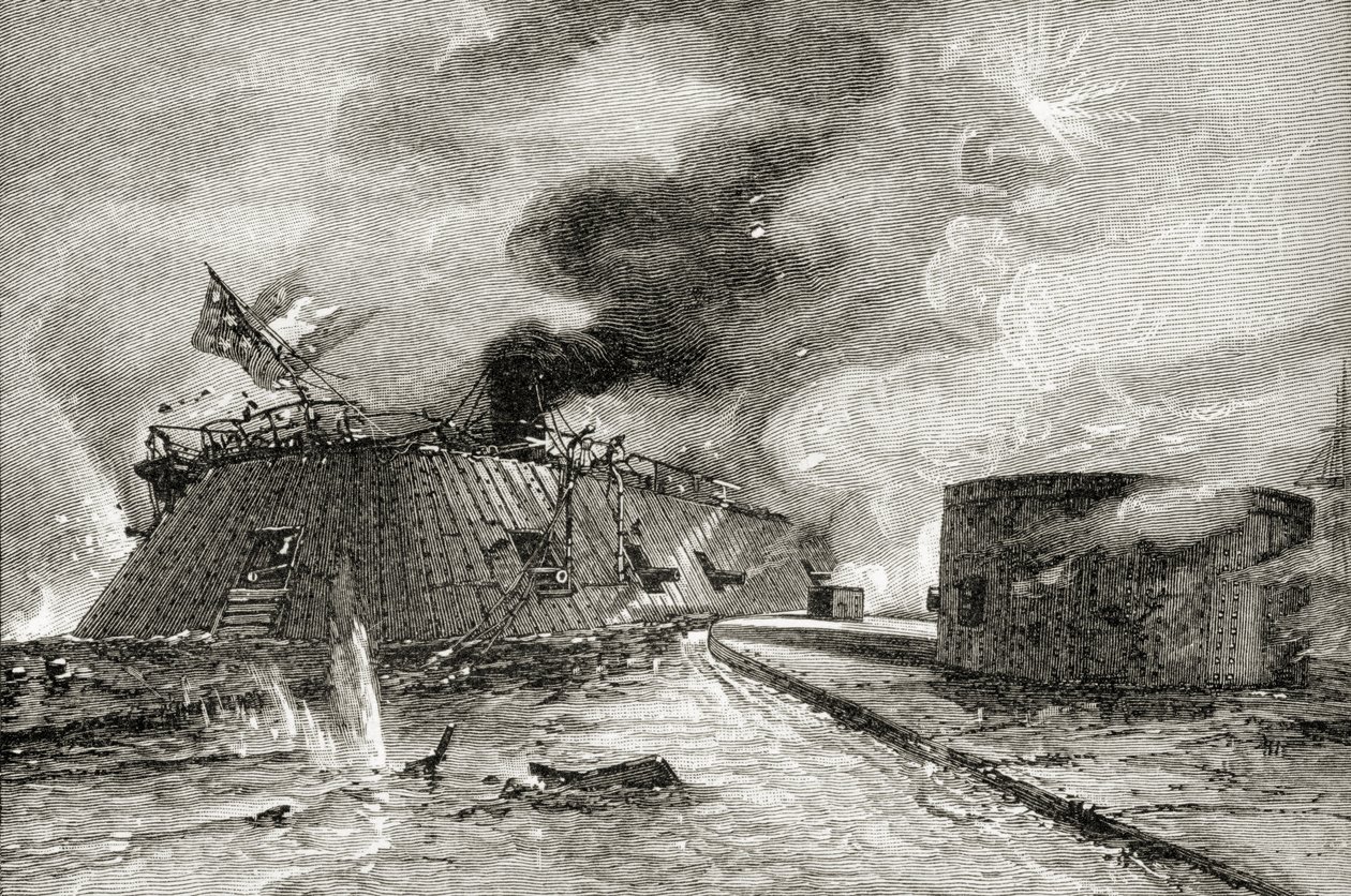 1885年にASバーンズウント社が発行した「米国の簡単な歴史」からの1862年のモニターとメリマックの戦い 作： アメリカの学校