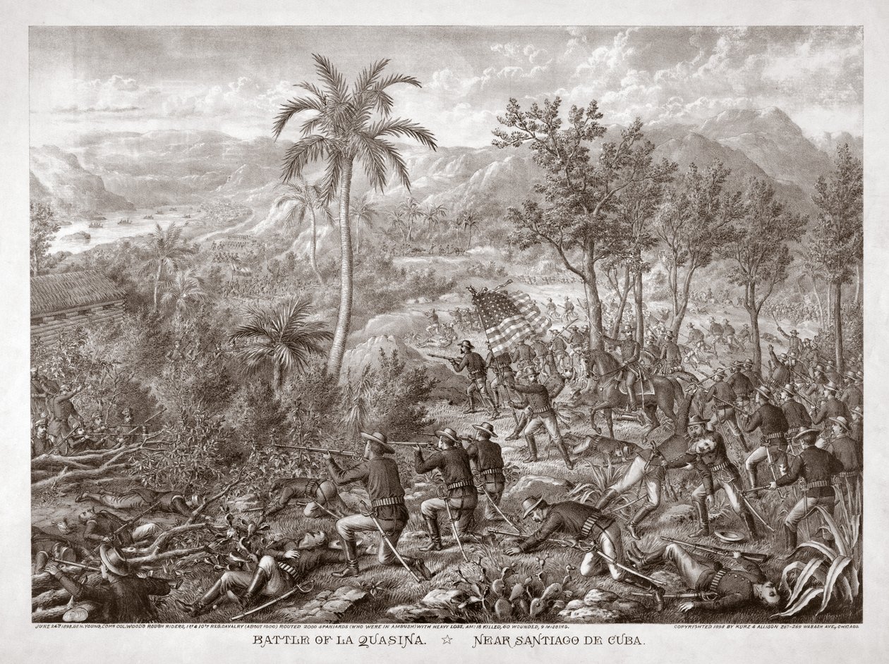 サンティアゴ・デ・クーバ近郊、ラ・クアシナの戦い。1898年（エングレーヴィング） 作： アメリカの学校