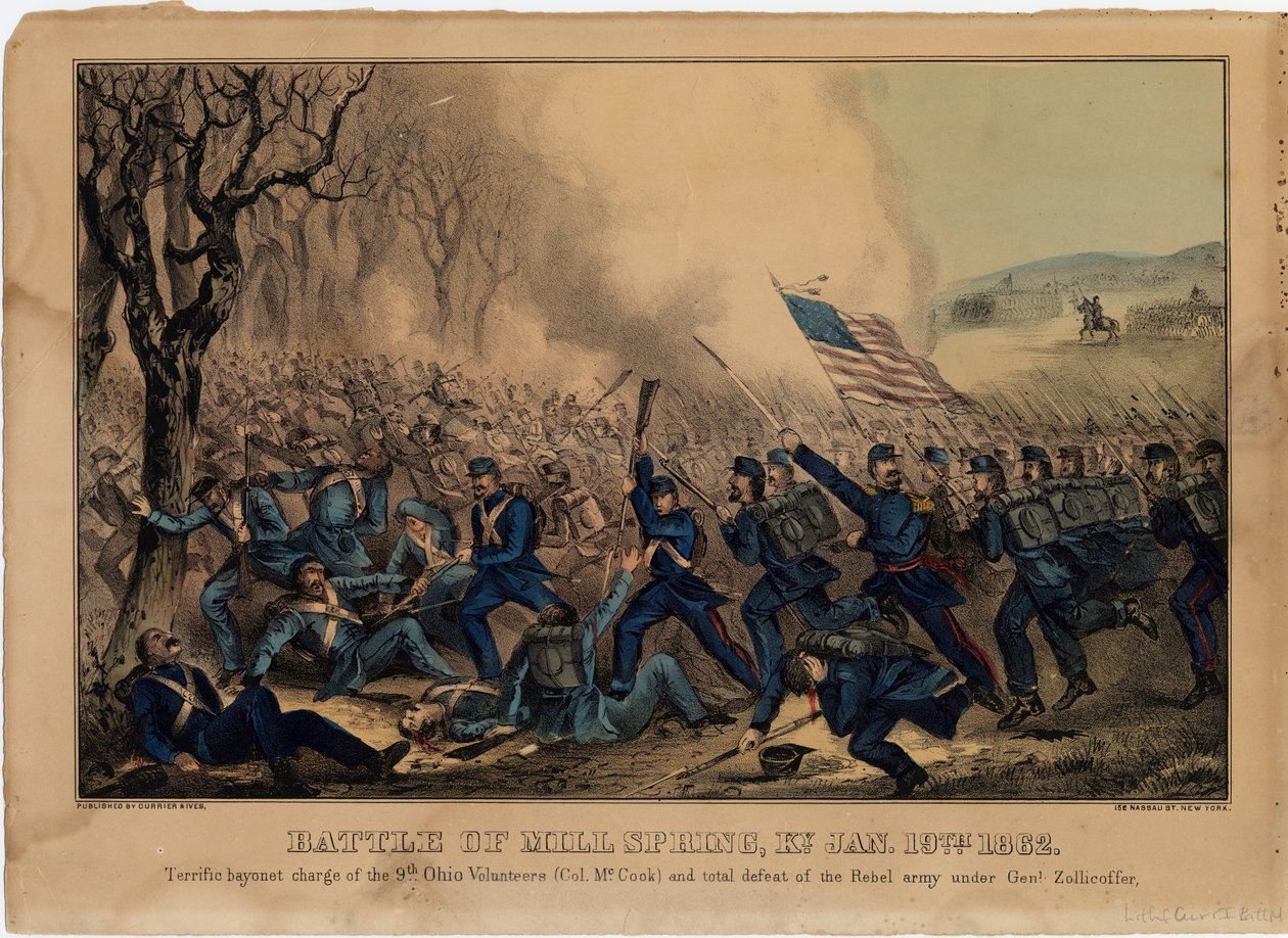 ミルスプリングの戦い、ケンタッキー州。1862年1月19日、パブ。 Currier＆Ives、1862年頃