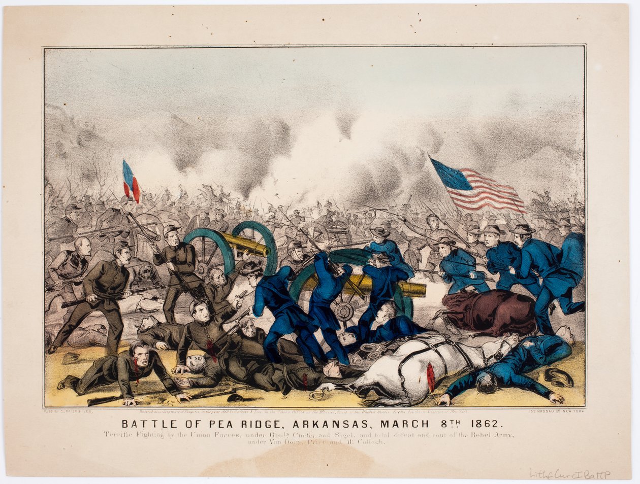 ピーリッジの戦い、アーカンソー州、1862年3月8日、パブ。 Currier＆Ives、1862 作： アメリカの学校