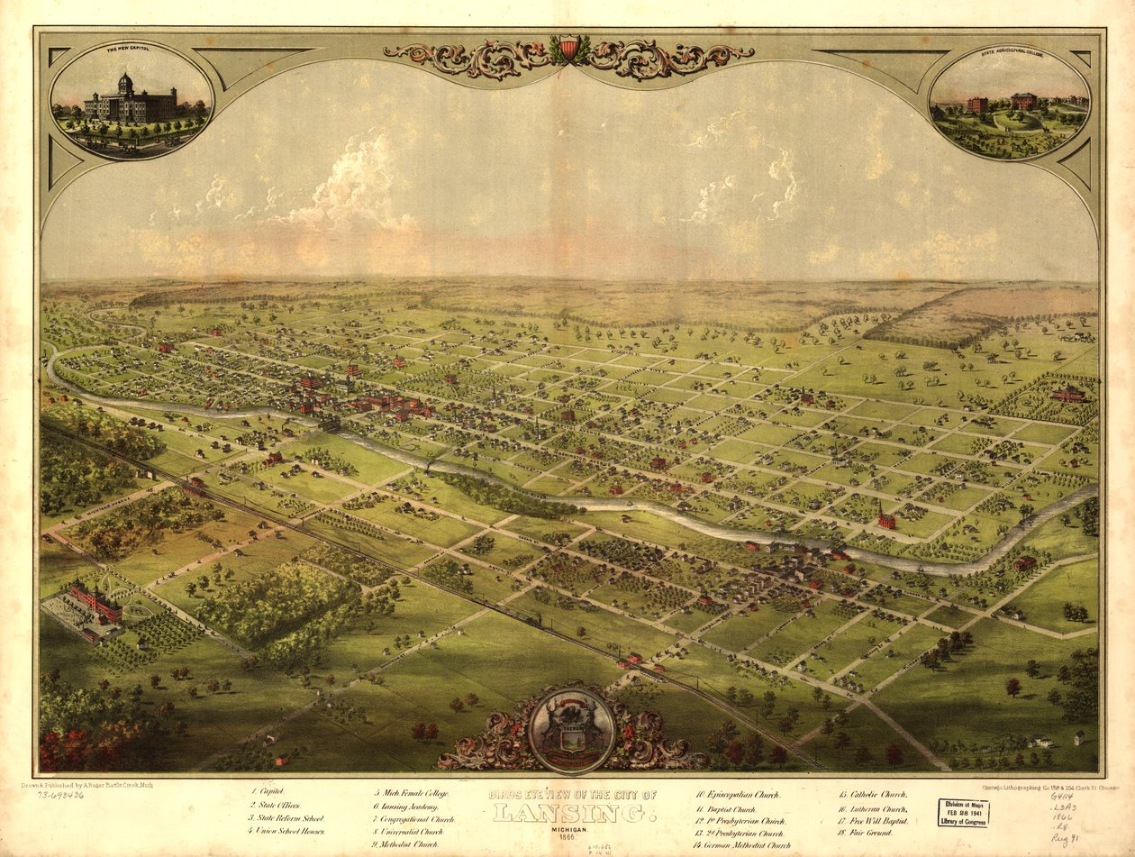 ミシガン州ランシング市の鳥瞰図 1866年（カラーリトグラフ 作： アメリカの学校