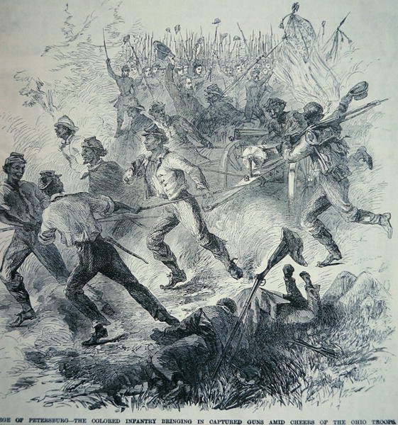 ピーターズバーグ包囲戦 (1864-65) で、北軍の黒軍が鹵獲した銃を持ち込む (リソ) 作： アメリカの学校