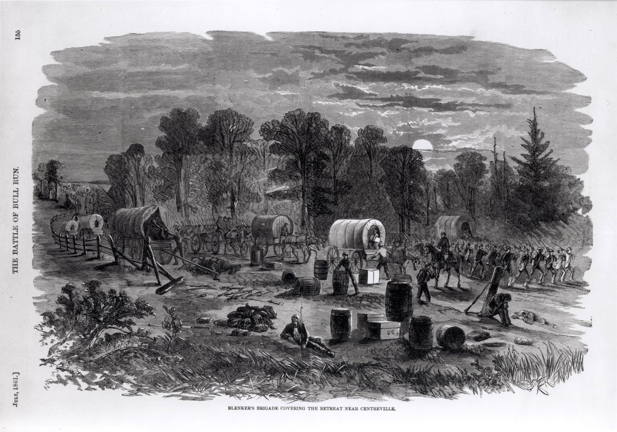 1861年7月、センタービル近くのリトリートをカバーするブレンカーの旅団、「ハーパーの南北戦争の絵の歴史」、1861年 作： アメリカの学校