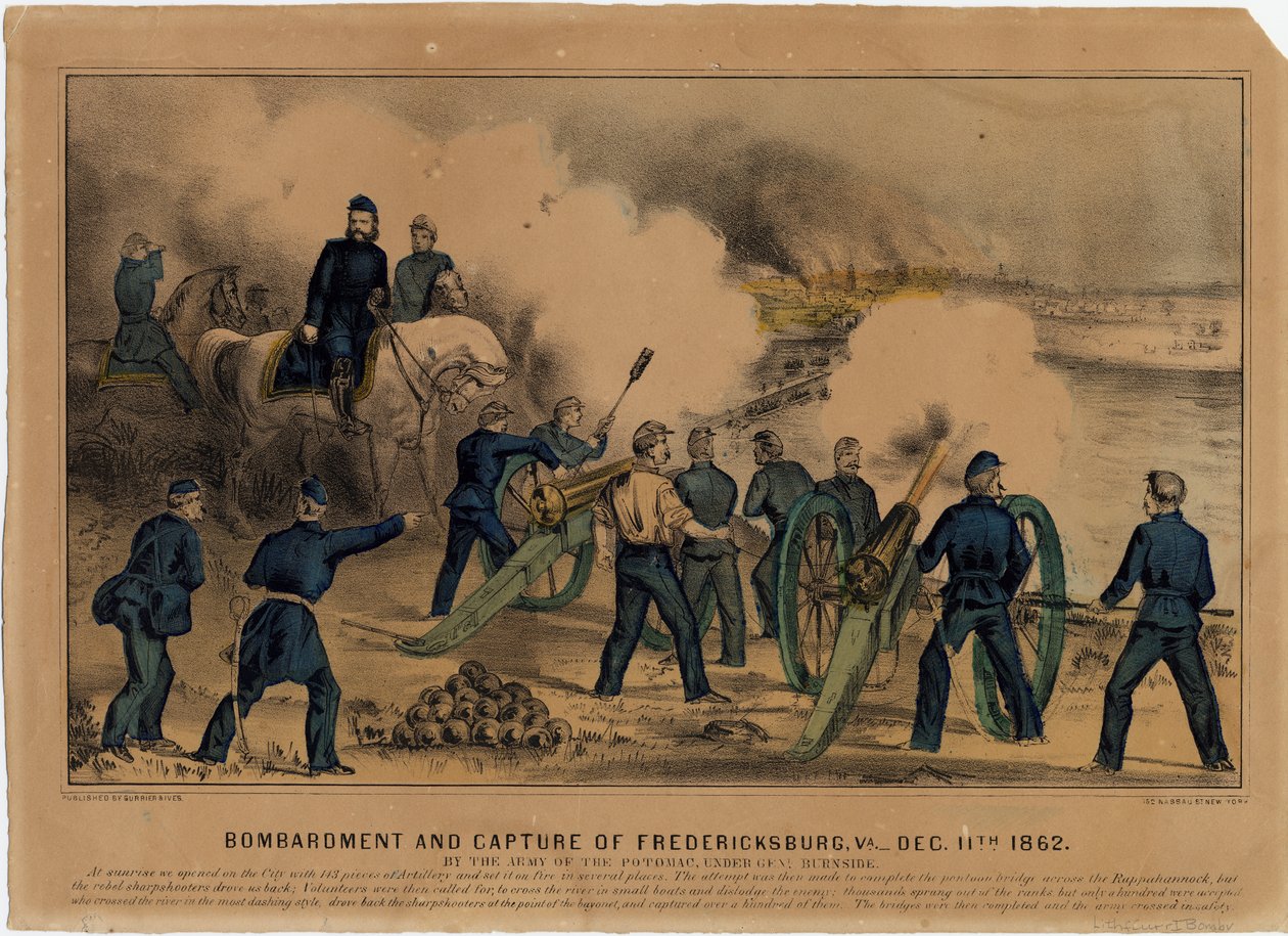 1862年12月11日、バージニア州フレデリックスバーグの砲撃と捕獲、パブ。 Currier＆Ives、1862年頃 作： アメリカの学校