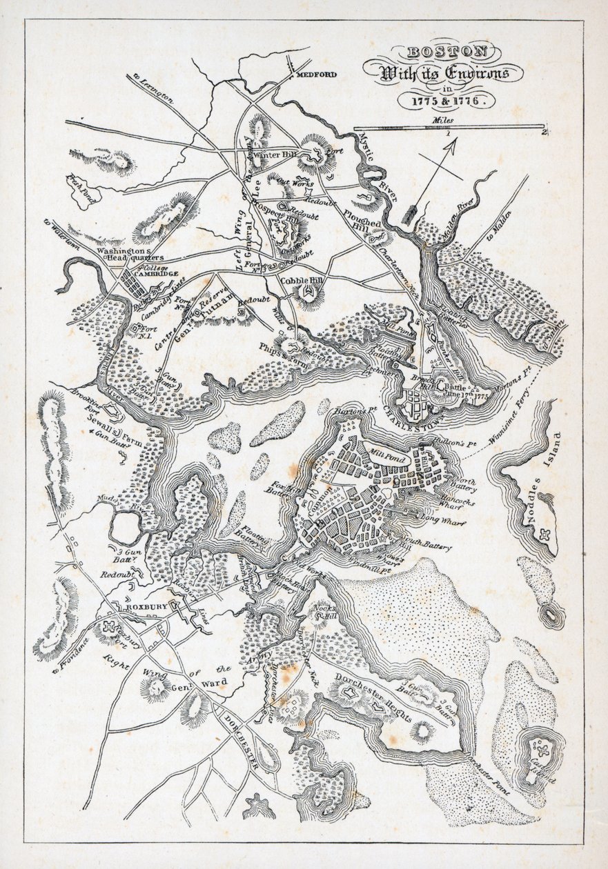 1775年と1776年のボストンとその周辺(リトグラフ) 作： アメリカの学校