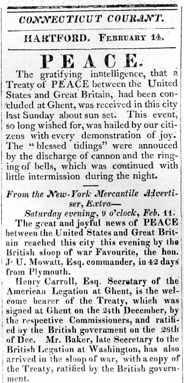 1815年のコネチカットクーラントで印刷された1812年の戦争後のブロードサイド、米国とイギリス間の平和を発表（印刷） 作： アメリカの学校