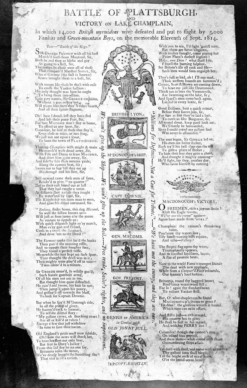 1812年の戦争のブロードサイド。シャンプレーン湖でのプラッツバーグの戦いと勝利をフィーチャー（印刷） 作： アメリカの学校