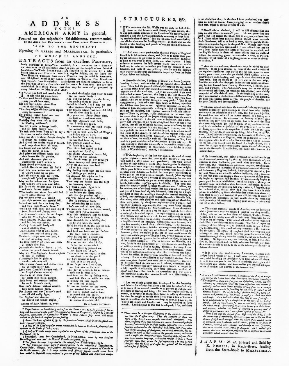 ブロードサイド、アメリカ軍への住所、セーラム、1775年（印刷） 作： アメリカの学校