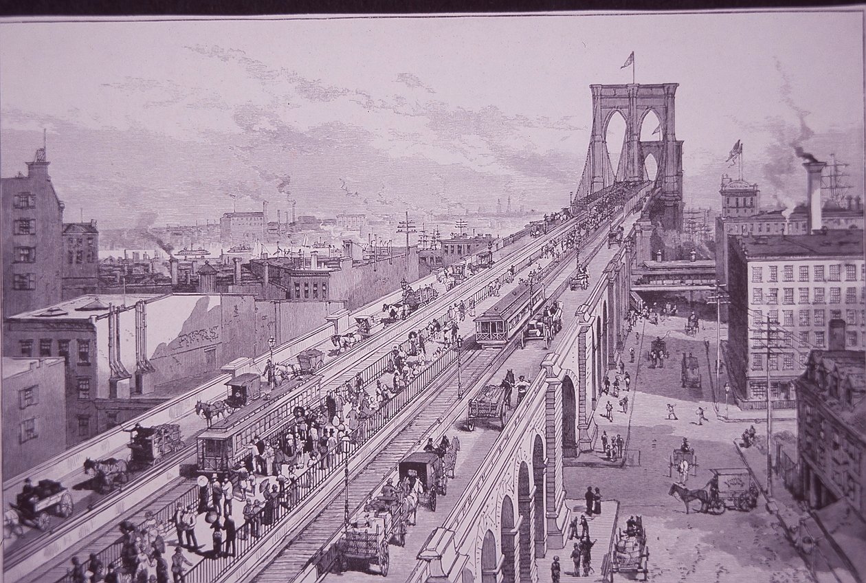 開会式直後のブルックリン橋（1883年5月26日発行）（彫刻 作： アメリカの学校