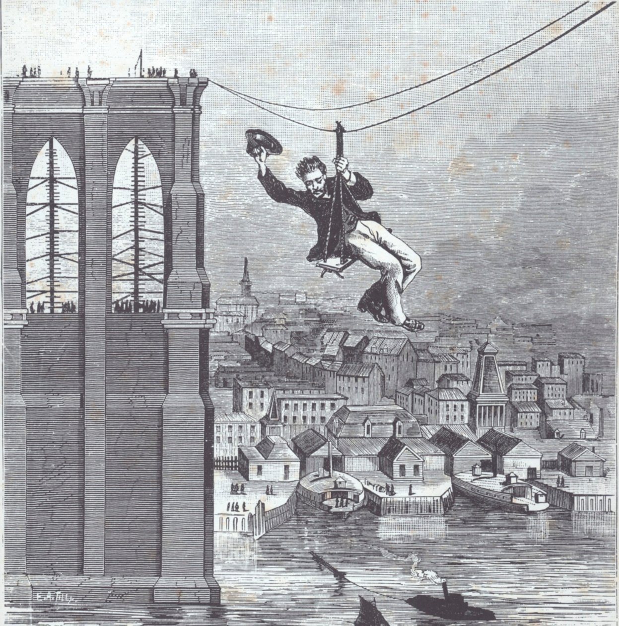 建設中のブルックリン橋。1876年8月25日、2本の鉄塔の間を最初に渡ったのは、建設主任のファリントン氏（写真左）。 作： アメリカの学校