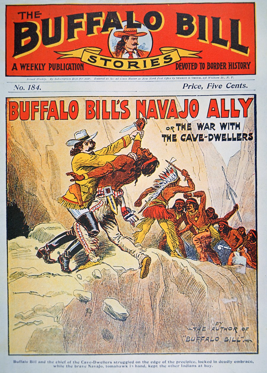バッファロー・ビル（1864-1917）のナバホ族のアリー、「Buffalo Bill Stories」の表紙イラスト、1890年頃（カラーリトグラフ）。 作： アメリカの学校