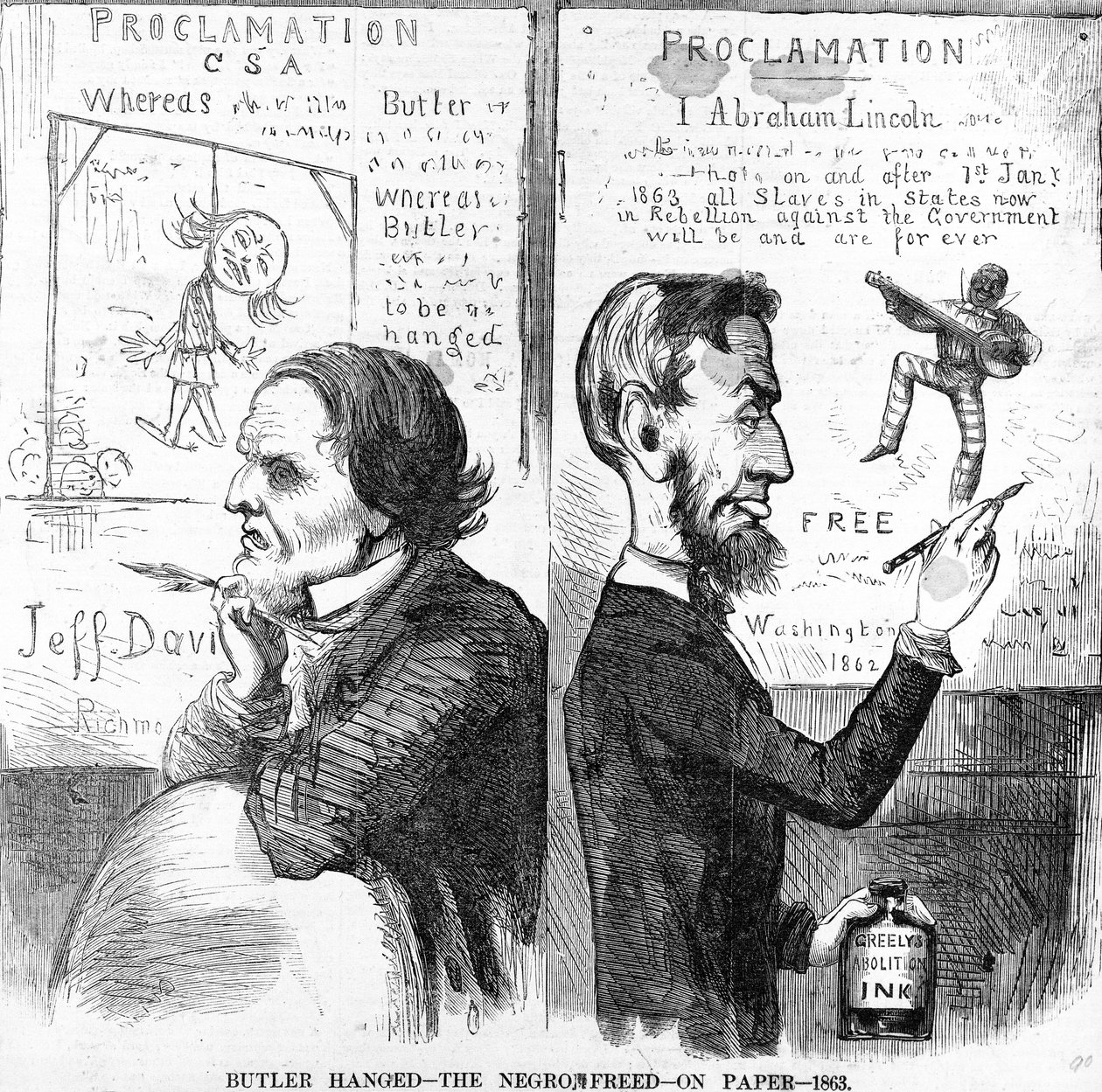 執事がぶら下がった、黒人の自由、紙の上、1863 作： アメリカの学校