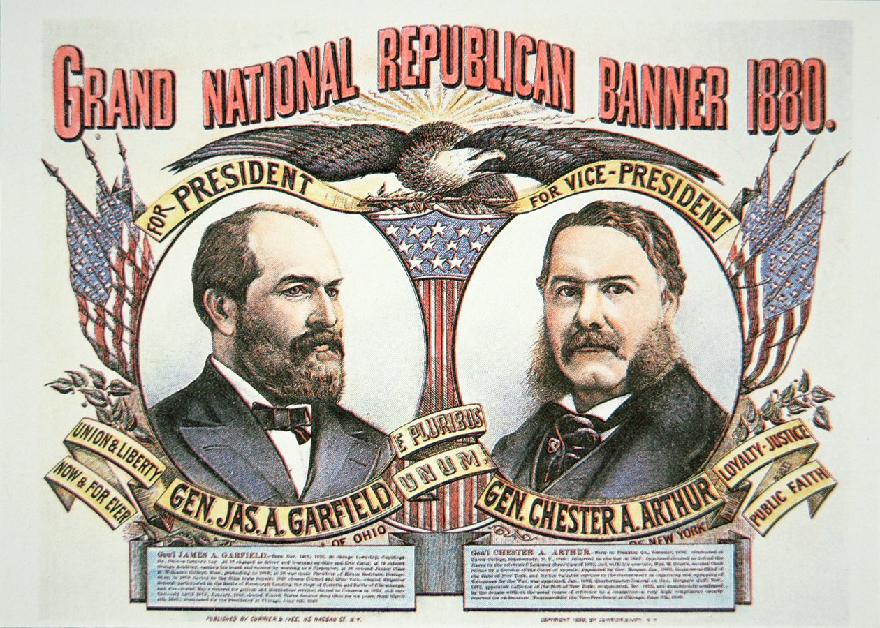 大統領候補ジェームズ・A・ガーフィールド(1831-81)と伴侶チェスター・A・アーサー(1829-86)のキャンペーンポスター 1880年（カラーリトグラフ 作： アメリカの学校