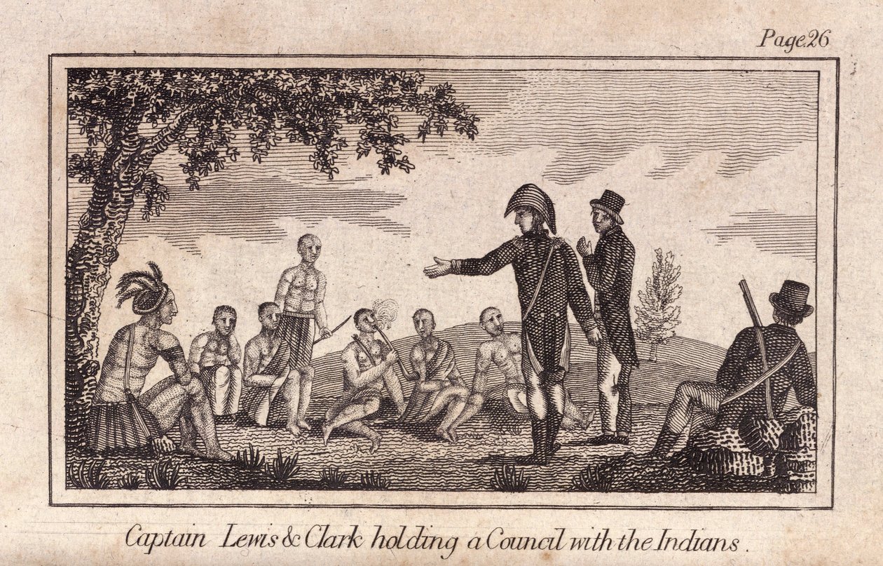 ルイス＆クラーク船長がインディアンと協議している様子、Pub.1812年（彫刻 作： アメリカの学校