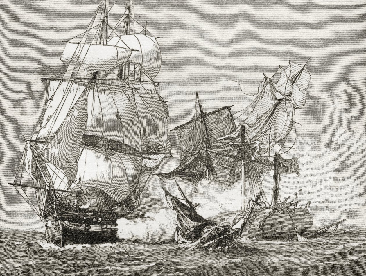 1885年にAS Barnes und Co.が発行した「米国の簡単な歴史」からの1812年8月19日の憲法によるゲリエールの捕獲 作： アメリカの学校