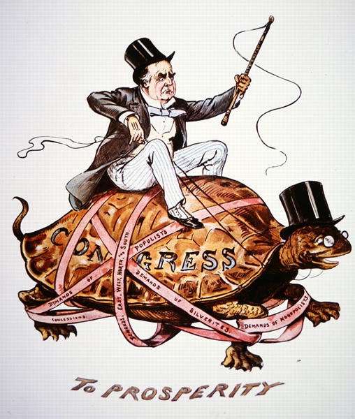 ウィリアム・マッキンリー大統領（1843-1901）が自分の政策を議会で通そうとしている様子を描いた漫画（カラーリトグラフ）。 作： アメリカの学校